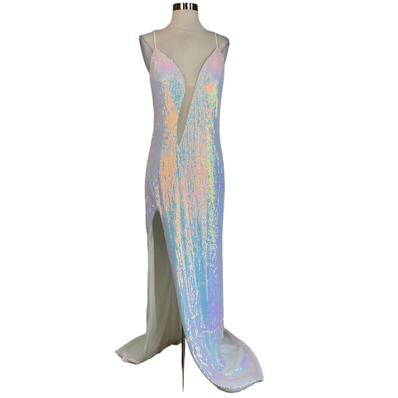 Jovani Women's Formal Dress Size 4 White Sequined Backless Thigh Slit Long Gown - Picture 1 of 13